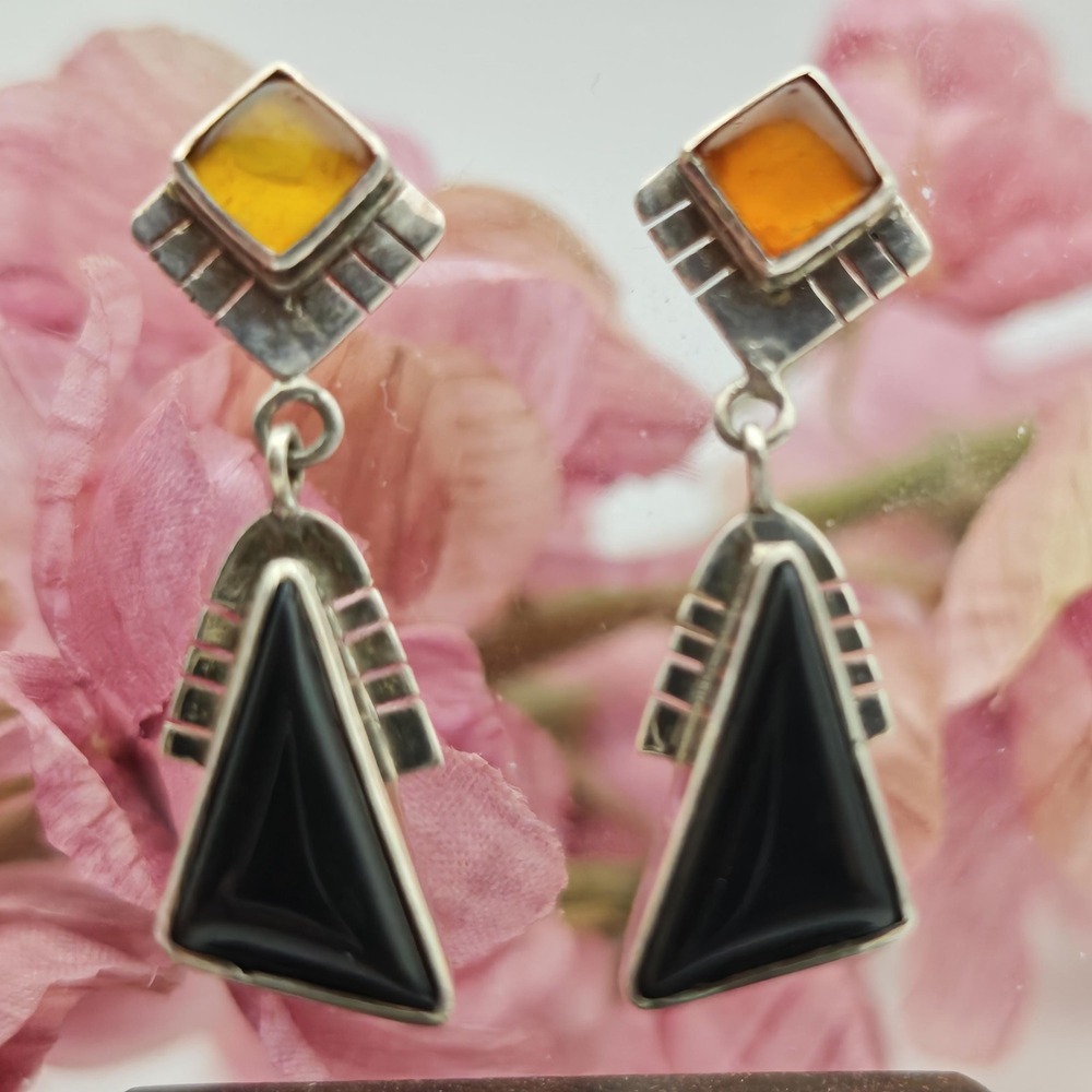 Amber & Black Onyx Sterling Silver Handmade Art Nouveau Style Post Earrings